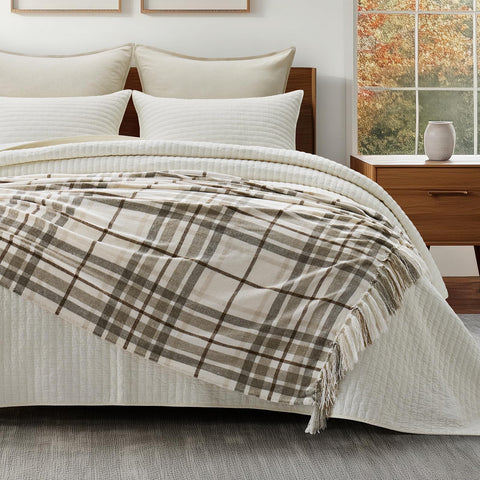 EverGrace plaid detail and label showing pattern clarity and quality