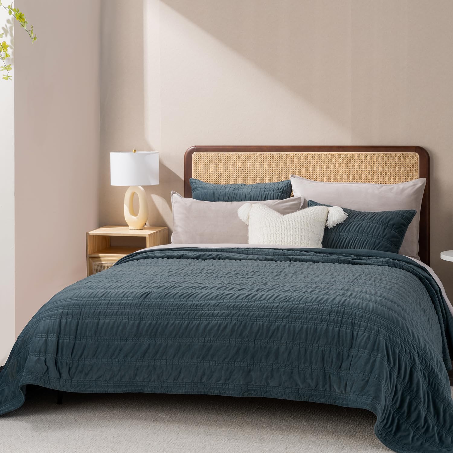 EverGrace front view of stormy blue king quilt showing luxe finish and bedroom impact