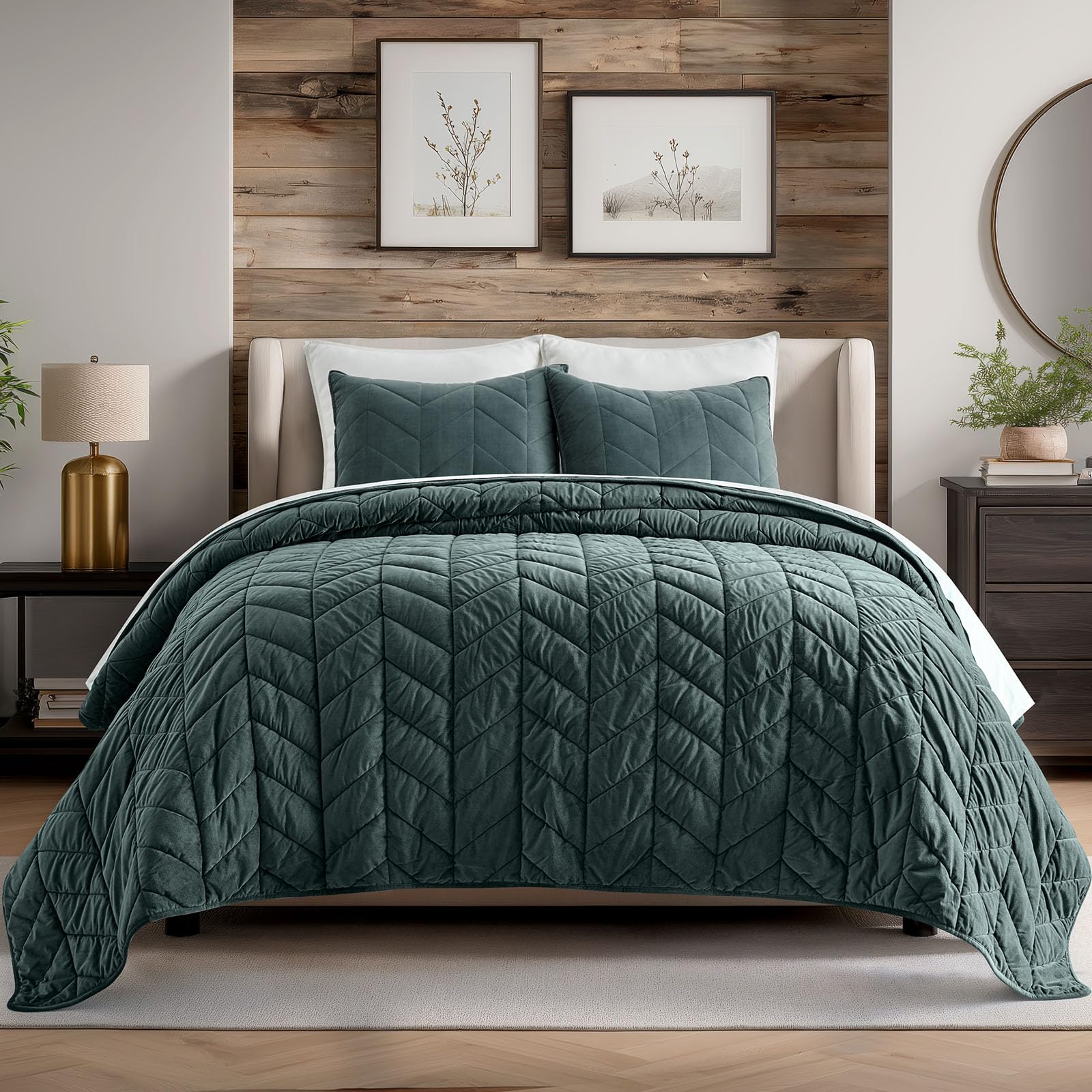 EverGrace velvet quilt front view showing plush forest green finish and luxe look