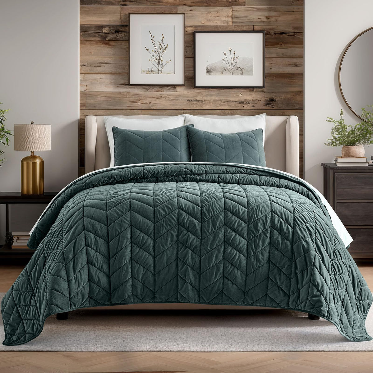 EverGrace velvet quilt front view showing plush forest green finish and luxe look