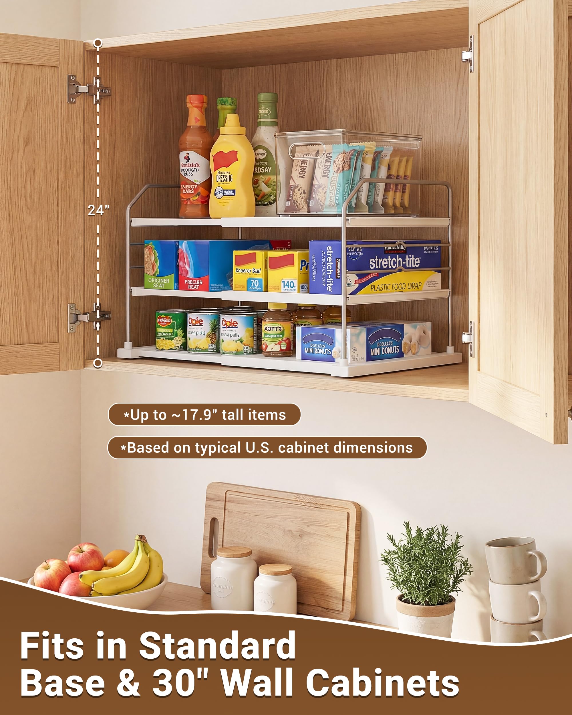 EVERIE expanded width demonstration inside a shelf, adjustable fit benefit