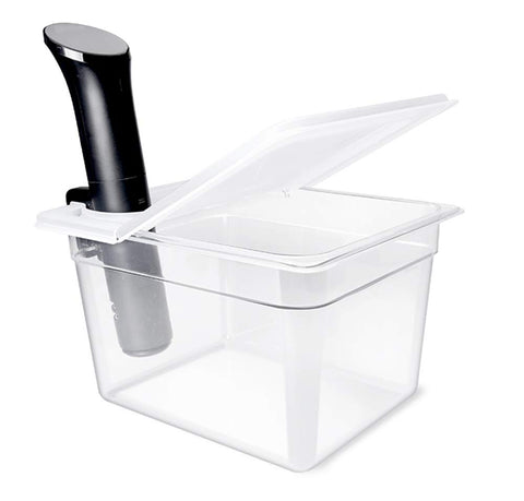 EVERIE holds vacuum-sealed bag submerged showing no-clamps required benefit