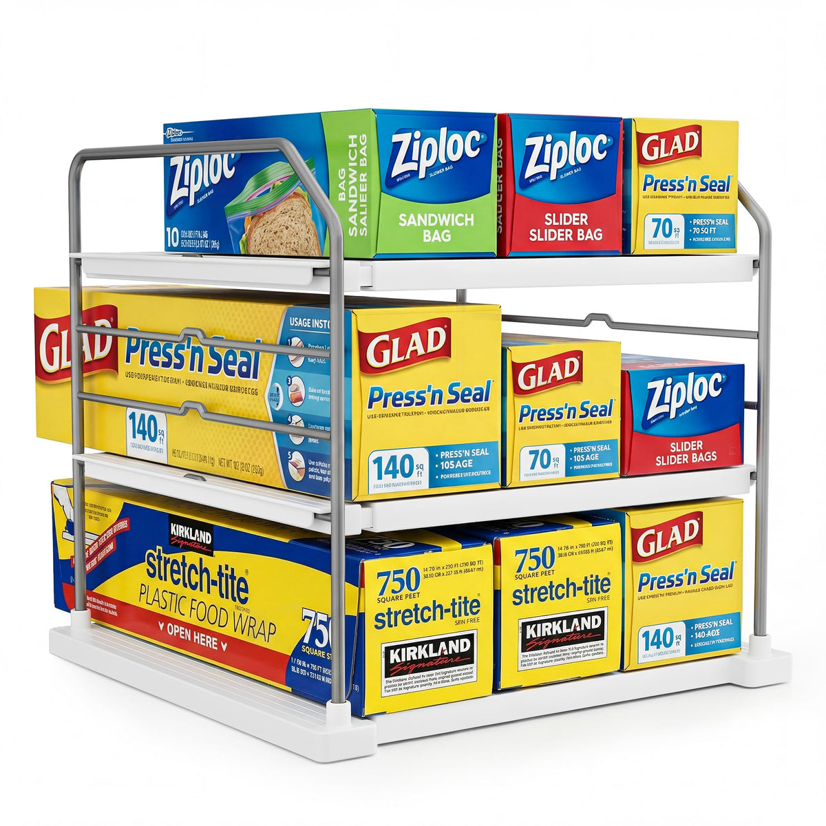 EVERIE front view of 3-tier organizer showing tidy pantry access and space saving