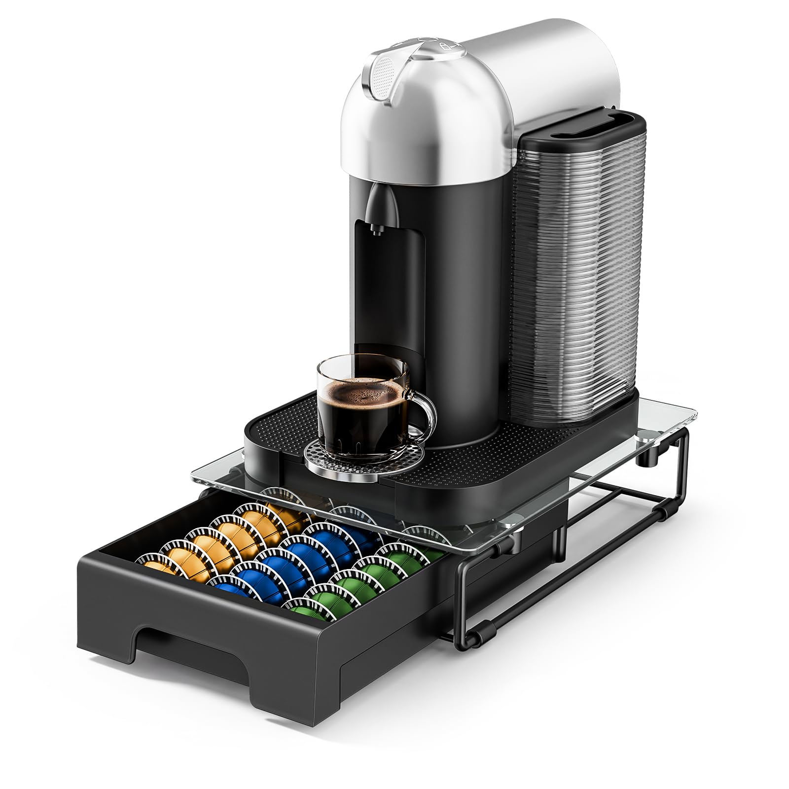 EVERIE front view tempered glass drawer showing clear pod visibility and neat storage