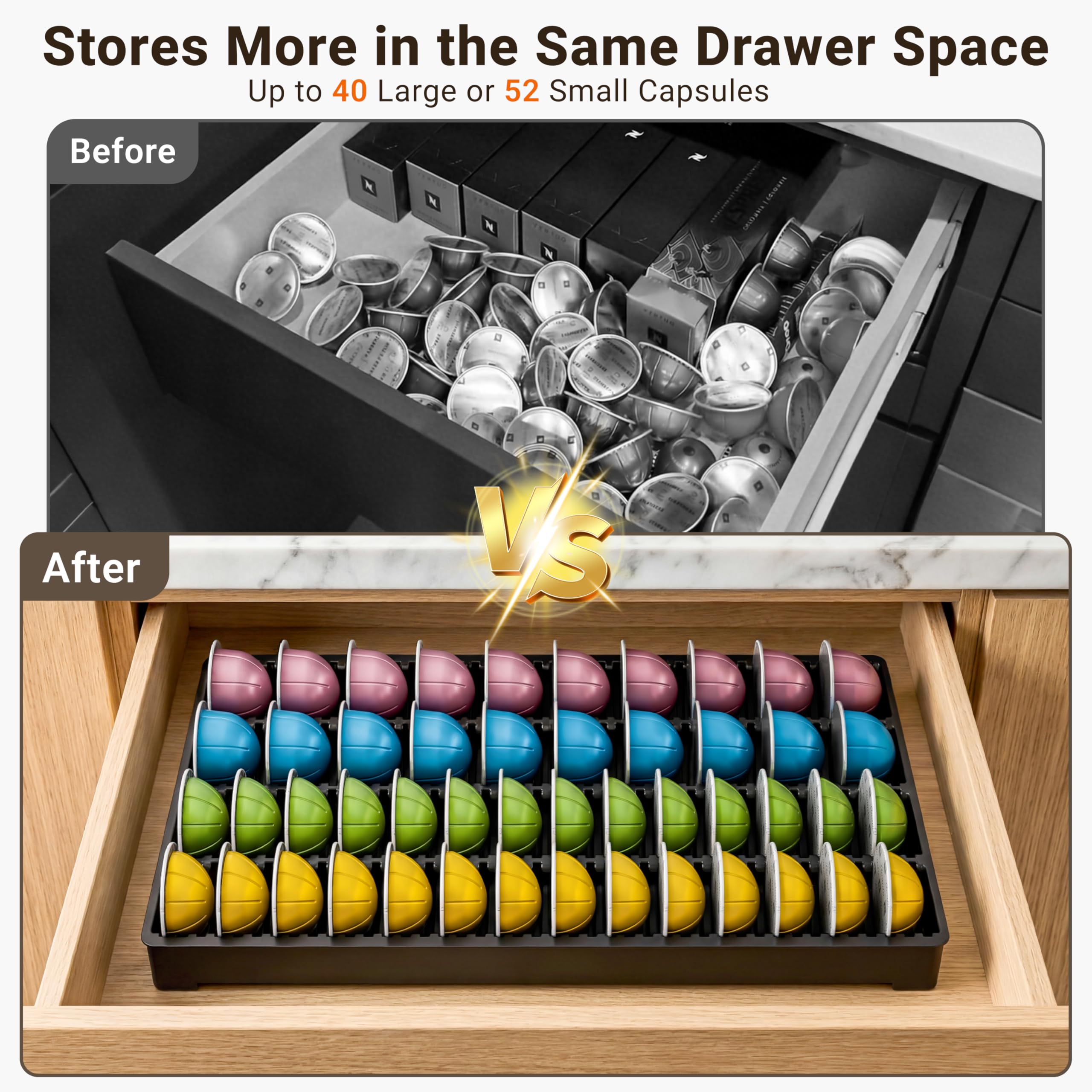 EVERIE tray loaded with Vertuo pods inside kitchen drawer for quick access