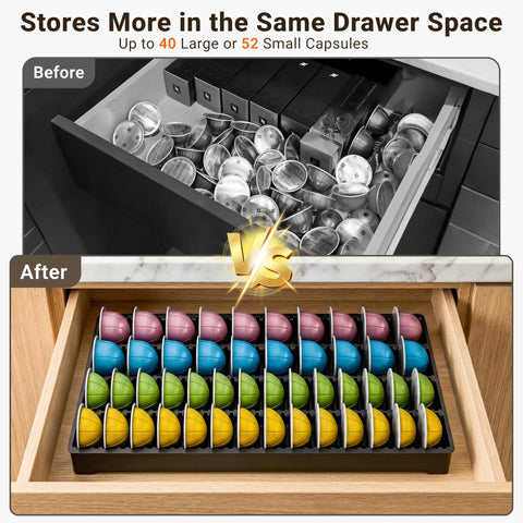 EVERIE tray loaded with Vertuo pods inside kitchen drawer for quick access