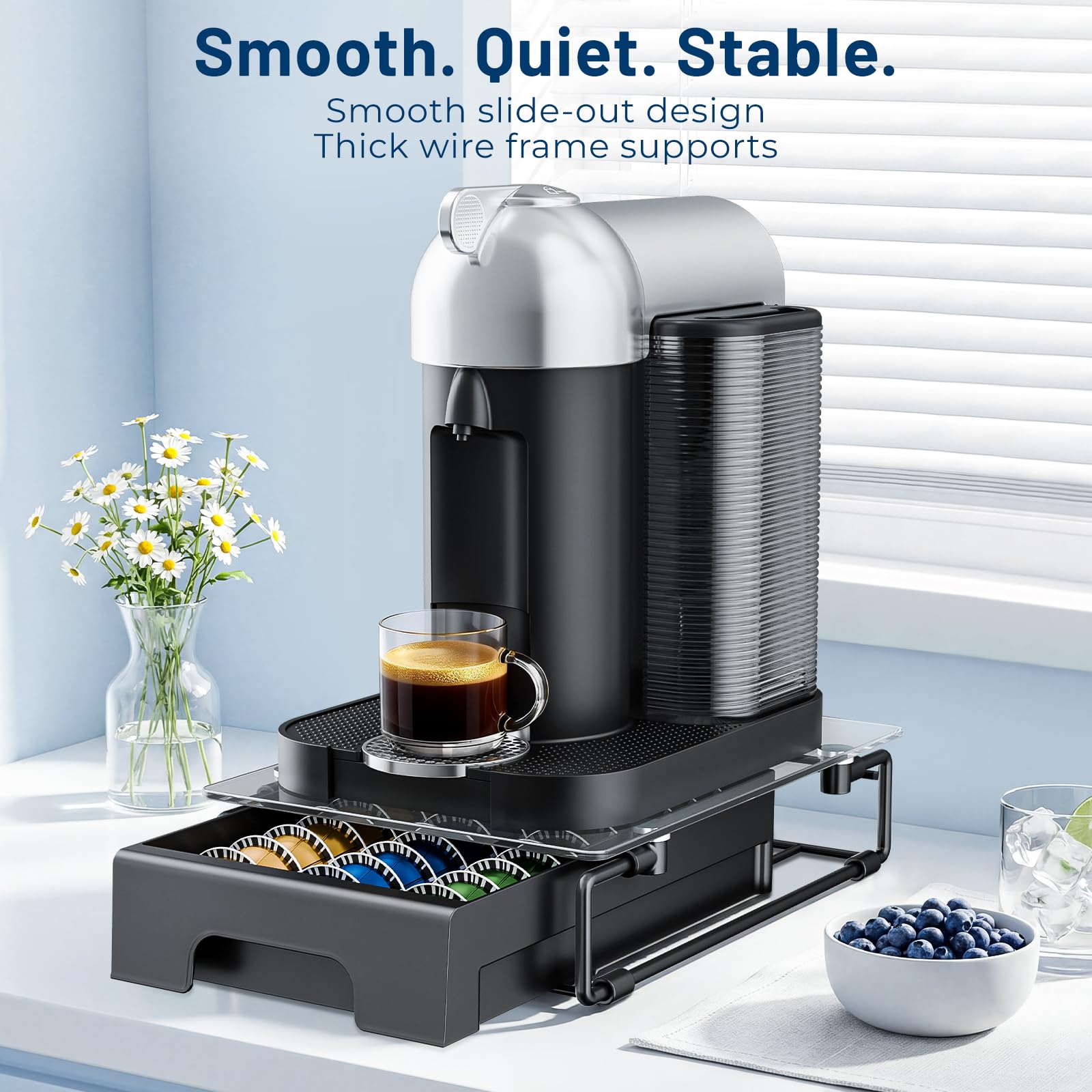 EVERIE top view with Vertuo brewer on glass demonstrating stable countertop support