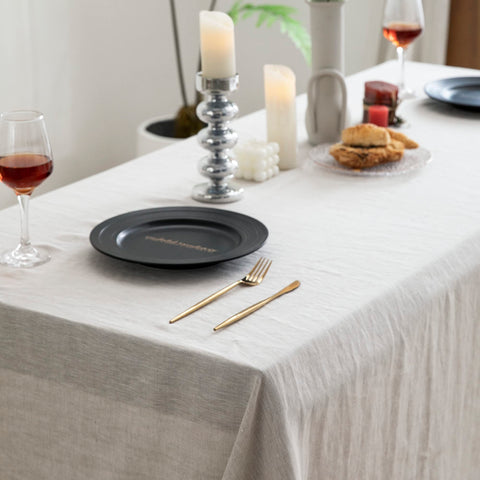 EVERLY tablecloth styled on dining table demonstrating refined presentation