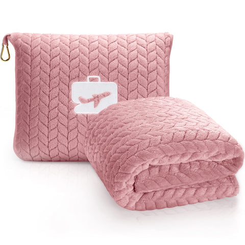 EverSnug front view of folded blanket in light pink, shows compact portability