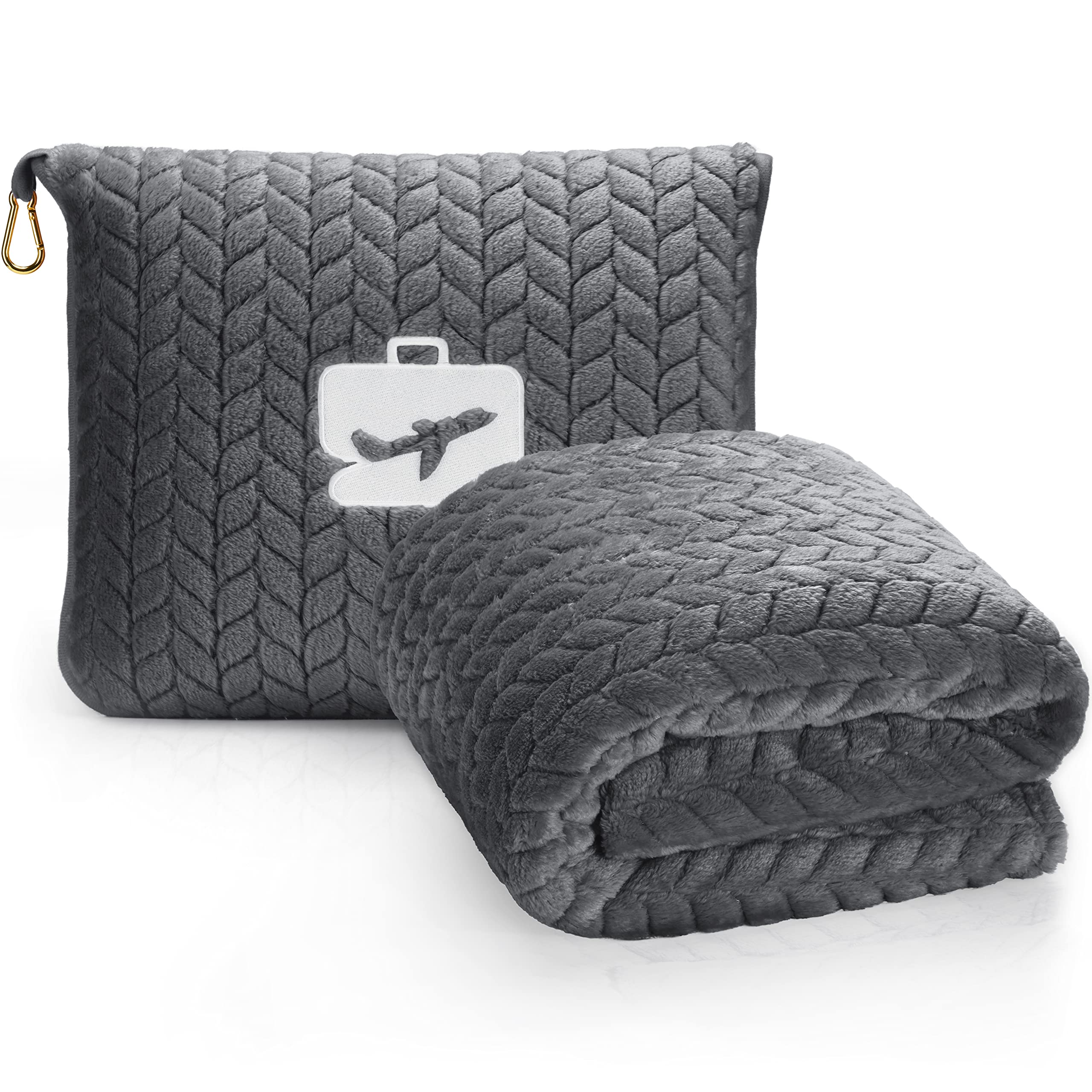 EverSnug front view showing grey packable blanket and pillow case, convenient travel storage