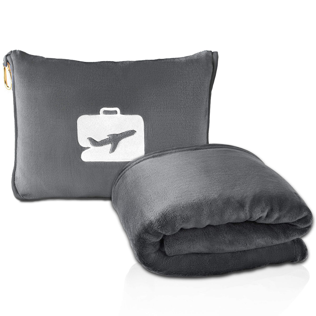 EverSnug front packaging showing grey travel blanket and pillow — clear product view and benefit