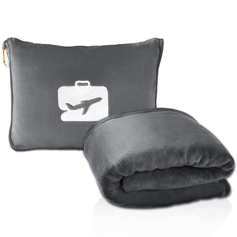 EverSnug front packaging showing grey travel blanket and pillow — clear product view and benefit