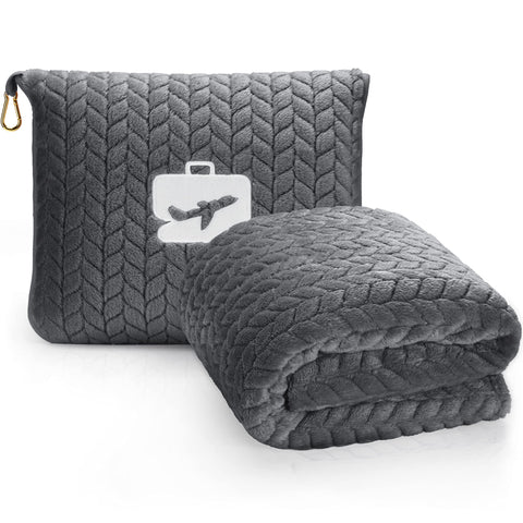 EverSnug front view showing grey packable blanket and pillow case, convenient travel storage