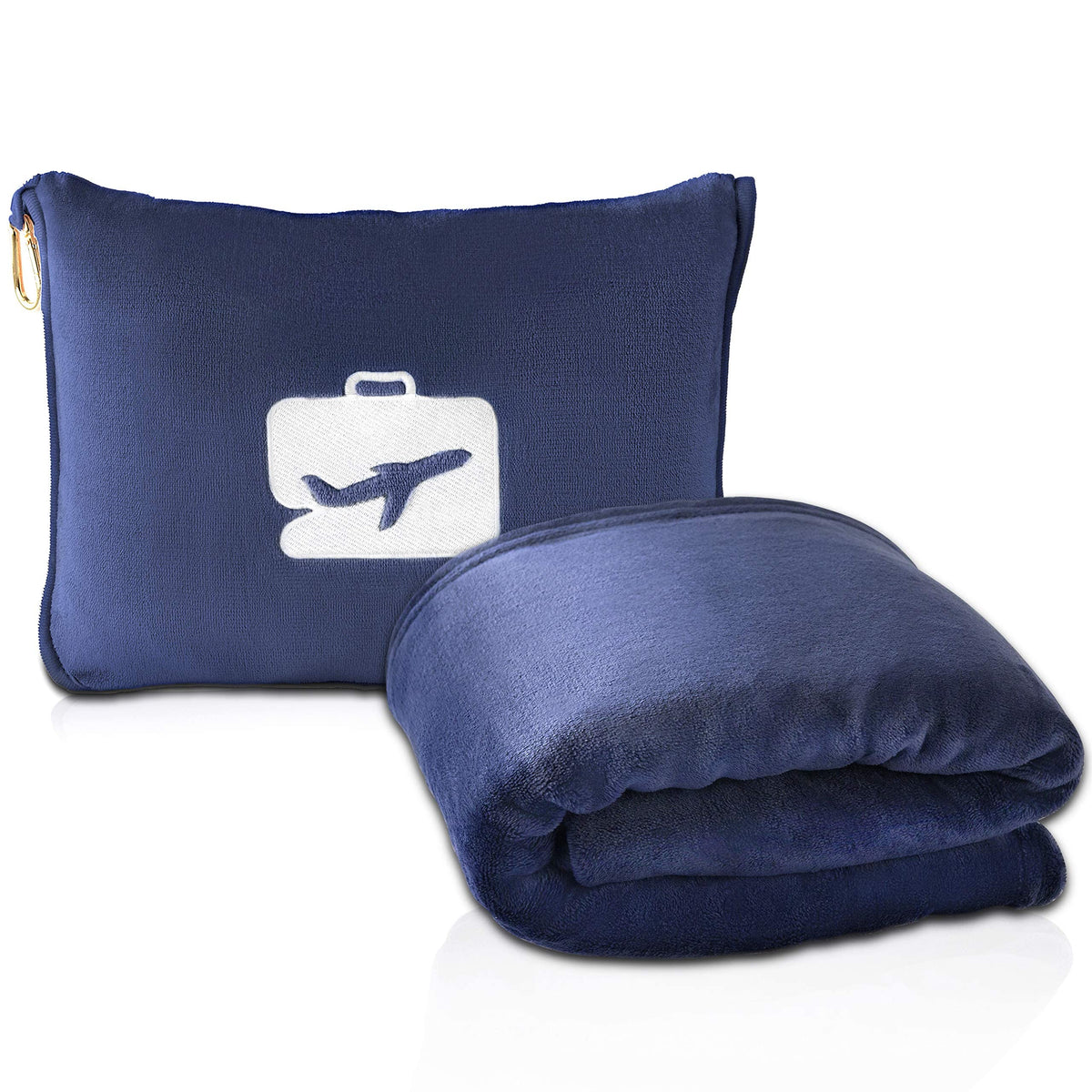 EverSnug front view showing navy carry bag and blanket for easy travel convenience