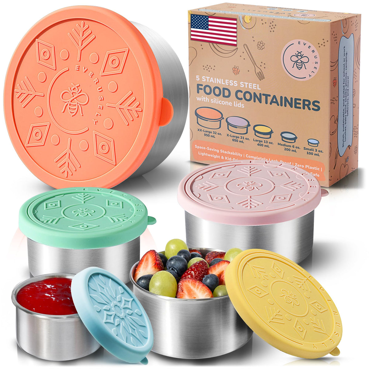 Everusely front view showing five bright stainless steel containers and neat packaging for easy storage