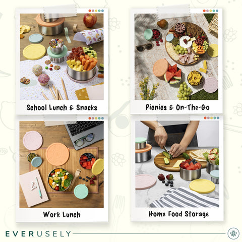 Everusely containers arranged at a picnic showing reusable, plastic-free lunch solution