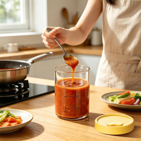 Evjeal filled container with soup showing food-ready storage and portion control benefit