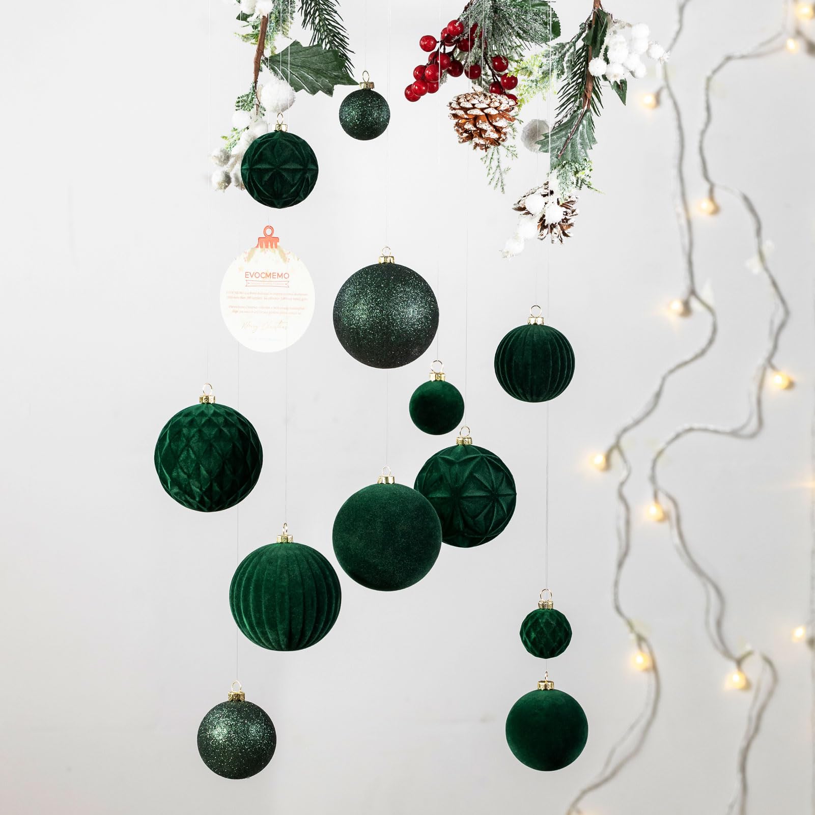 EVOCMEMO ornaments hanging on tree illustrating lightweight durable use
