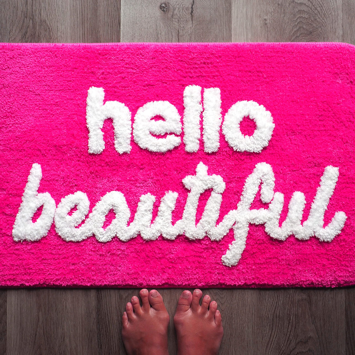 Evovee front view of Hello Beautiful mat showing color and message for cheerful decor
