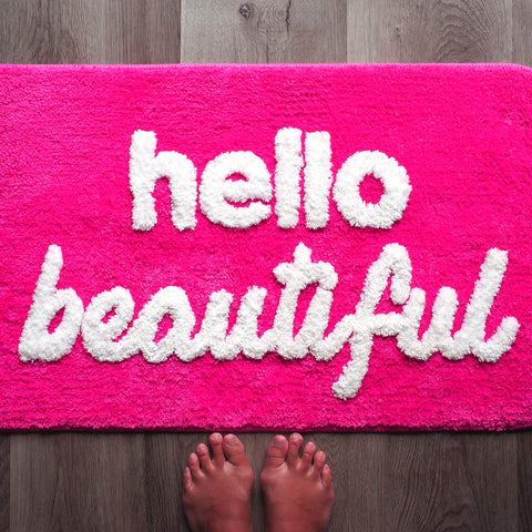 Evovee front view of Hello Beautiful mat showing color and message for cheerful decor