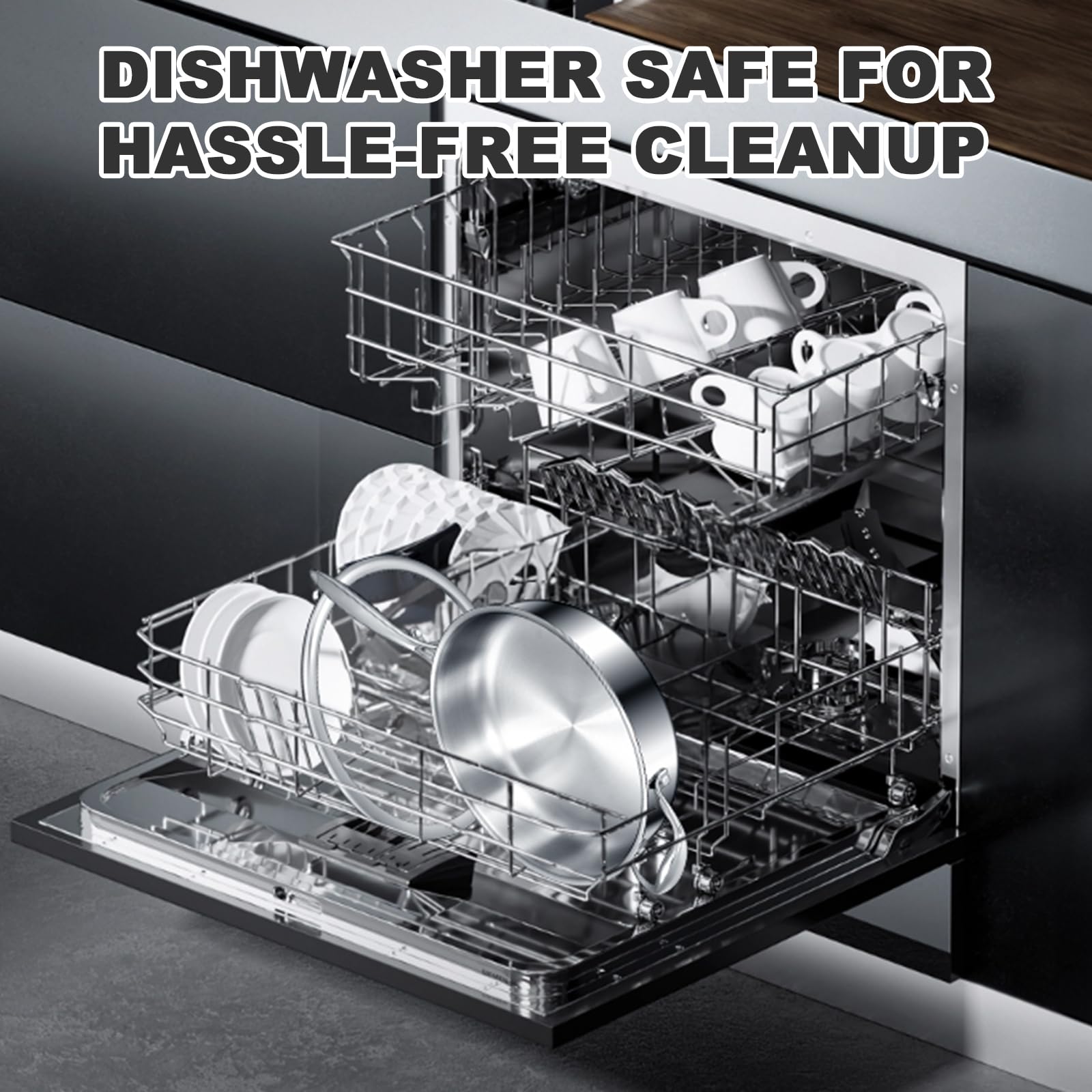 EWFEN pan in dishwasher rack illustrating easy cleanup and dishwasher-safe design