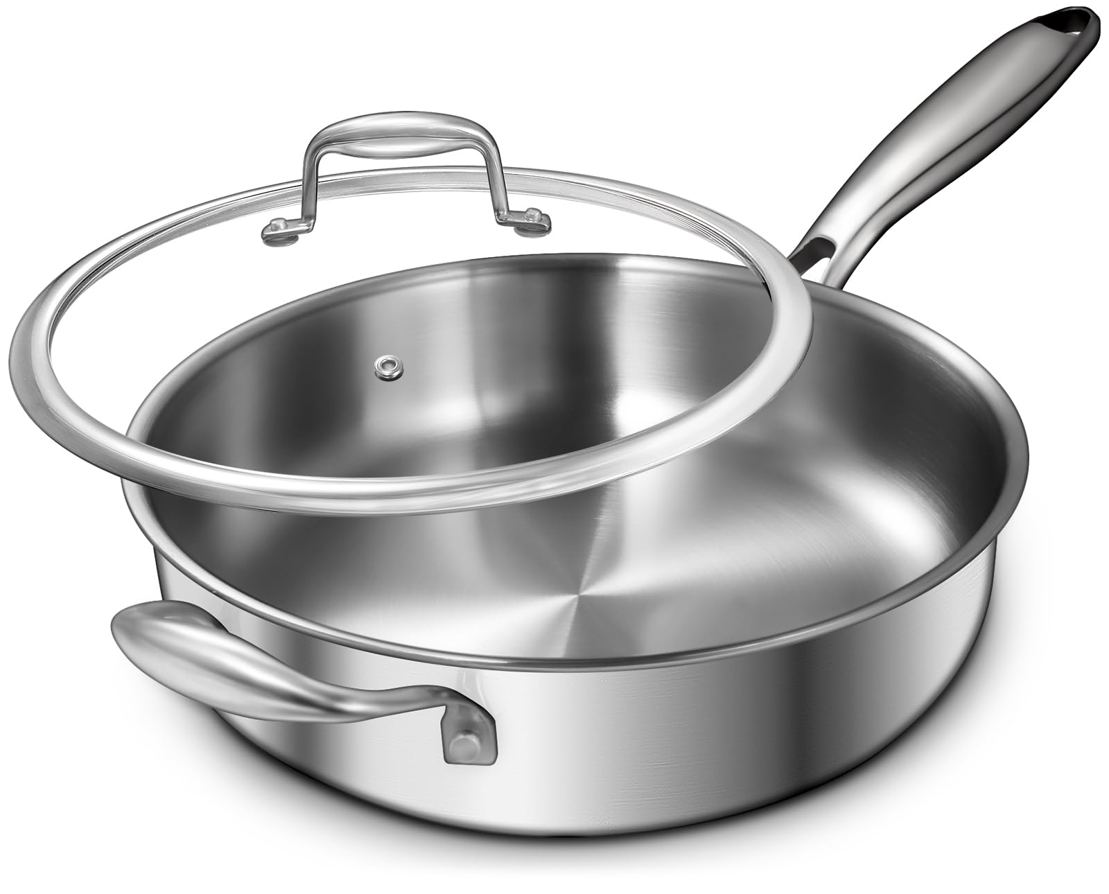 EWFEN 12-inch pan front view showing polished exterior and lid, durable and stylish
