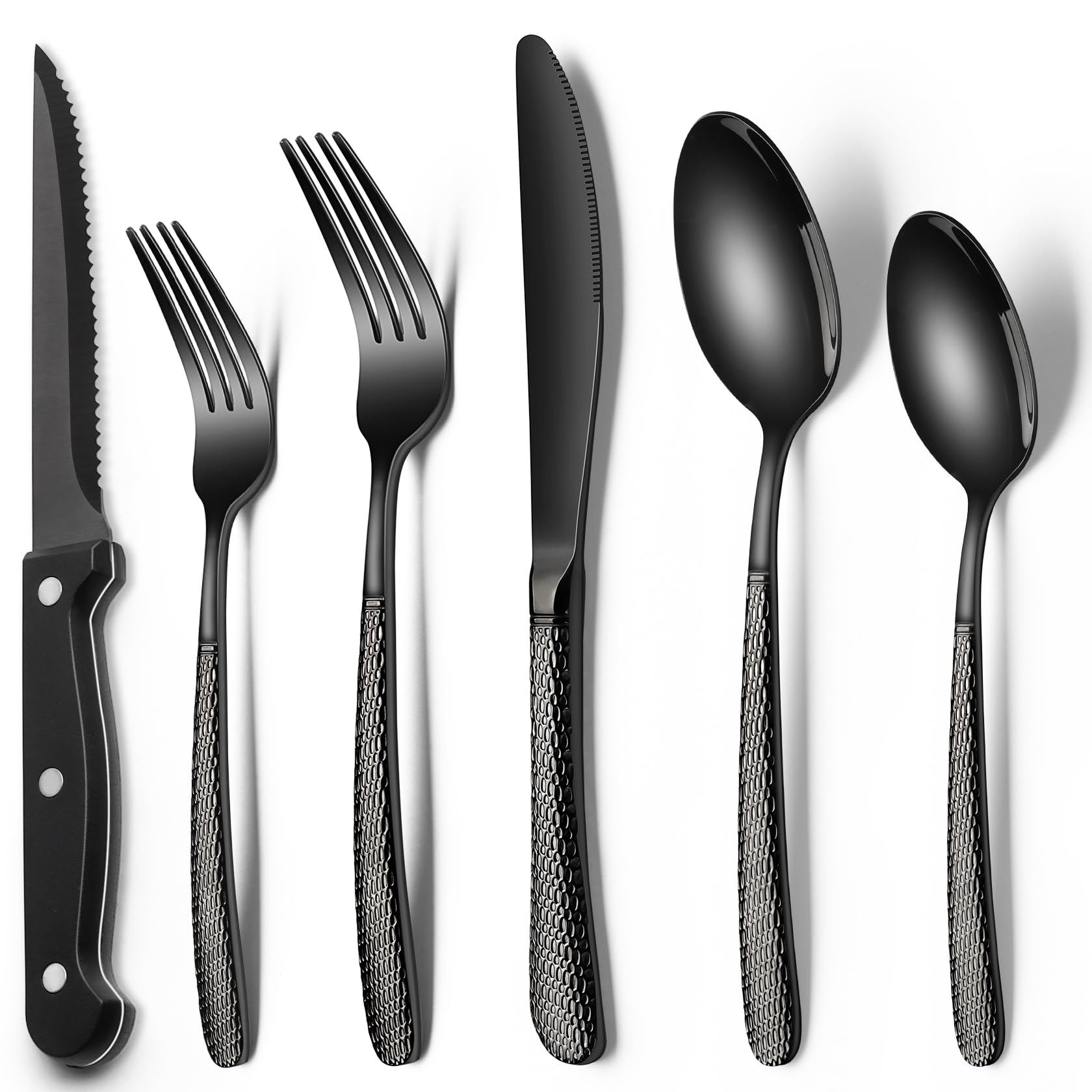 EWFEN black flatware front view showing full 24-piece set and modern benefit