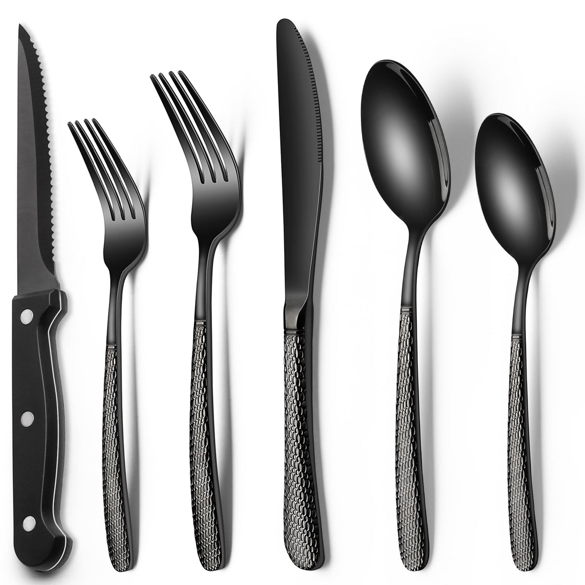 EWFEN black flatware front view showing full 24-piece set and modern benefit