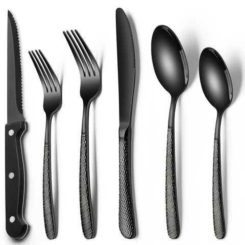 EWFEN black flatware front view showing full 24-piece set and modern benefit