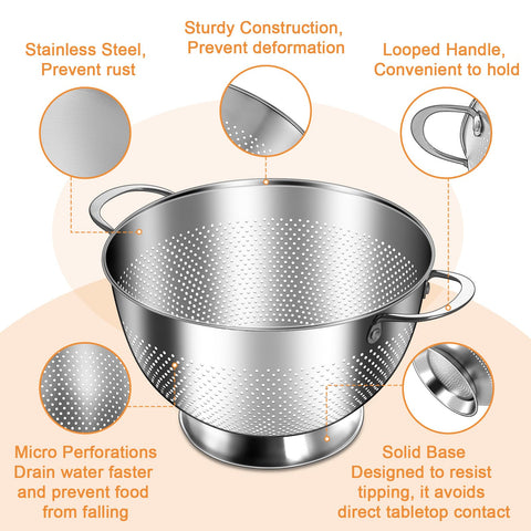 EWFEN 3 quart colander side close-up showing oversized riveted handle for secure lifting
