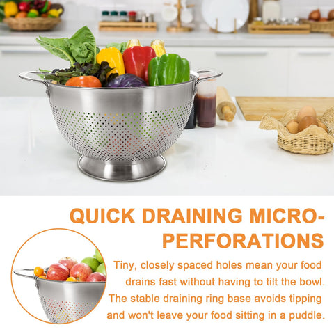 EWFEN colander draining hot pasta in sink demonstrating sturdy rim and quick water release