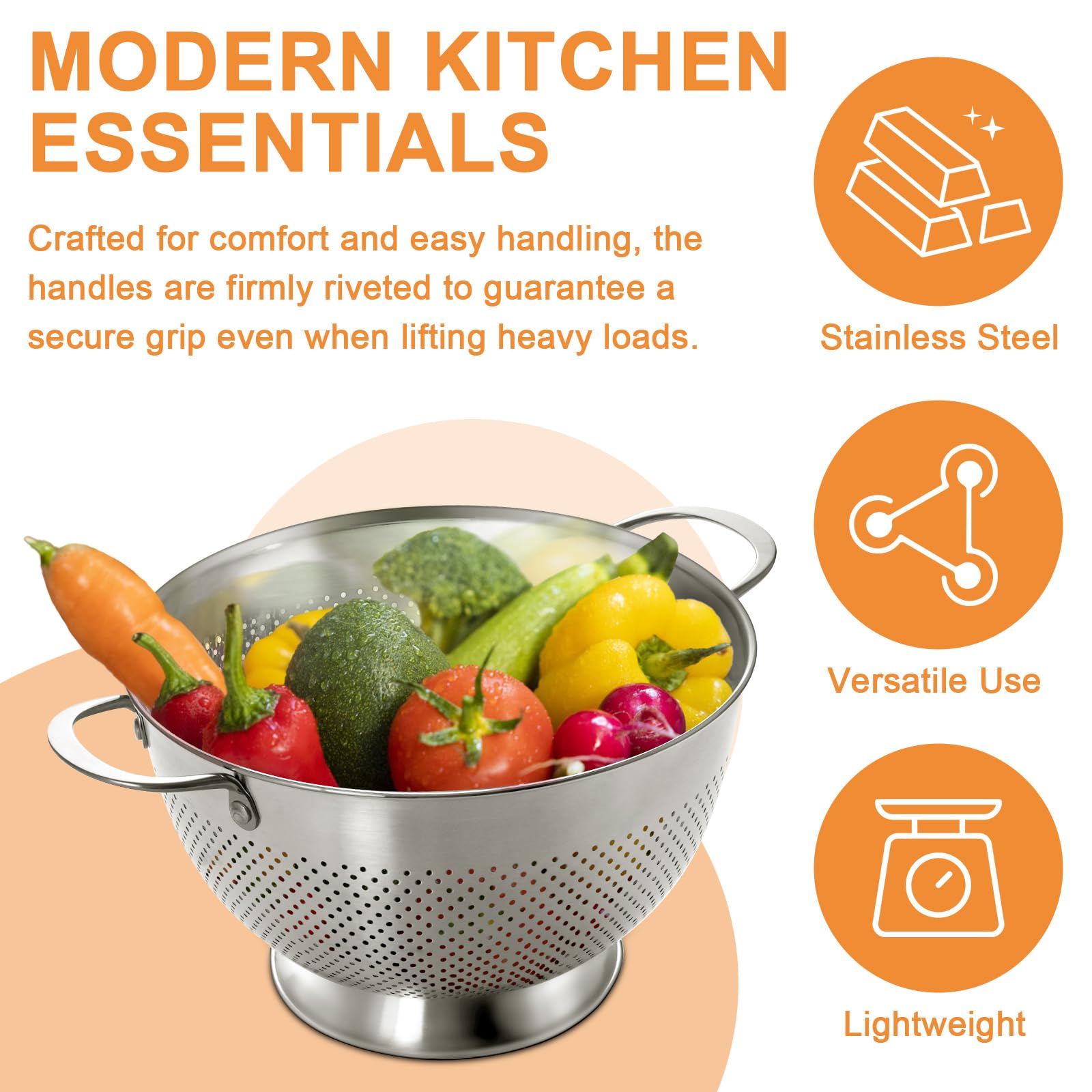 EWFEN colanders stacked to show nesting design that saves cupboard space and simplifies storage