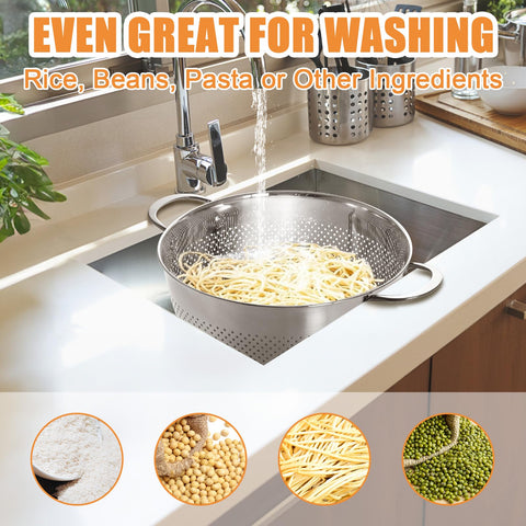 EWFEN colander rinsing rice over a sink showing fine mesh that prevents grains from escaping