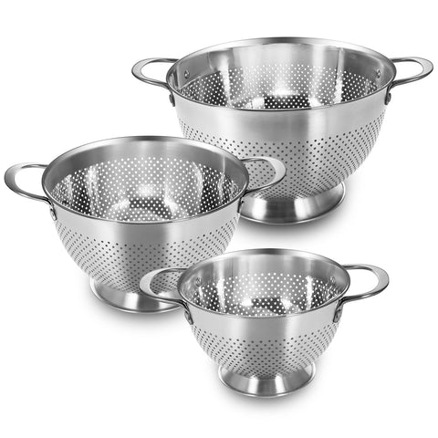 EWFEN colander set front view showing three nesting stainless bowls and handles for organized storage