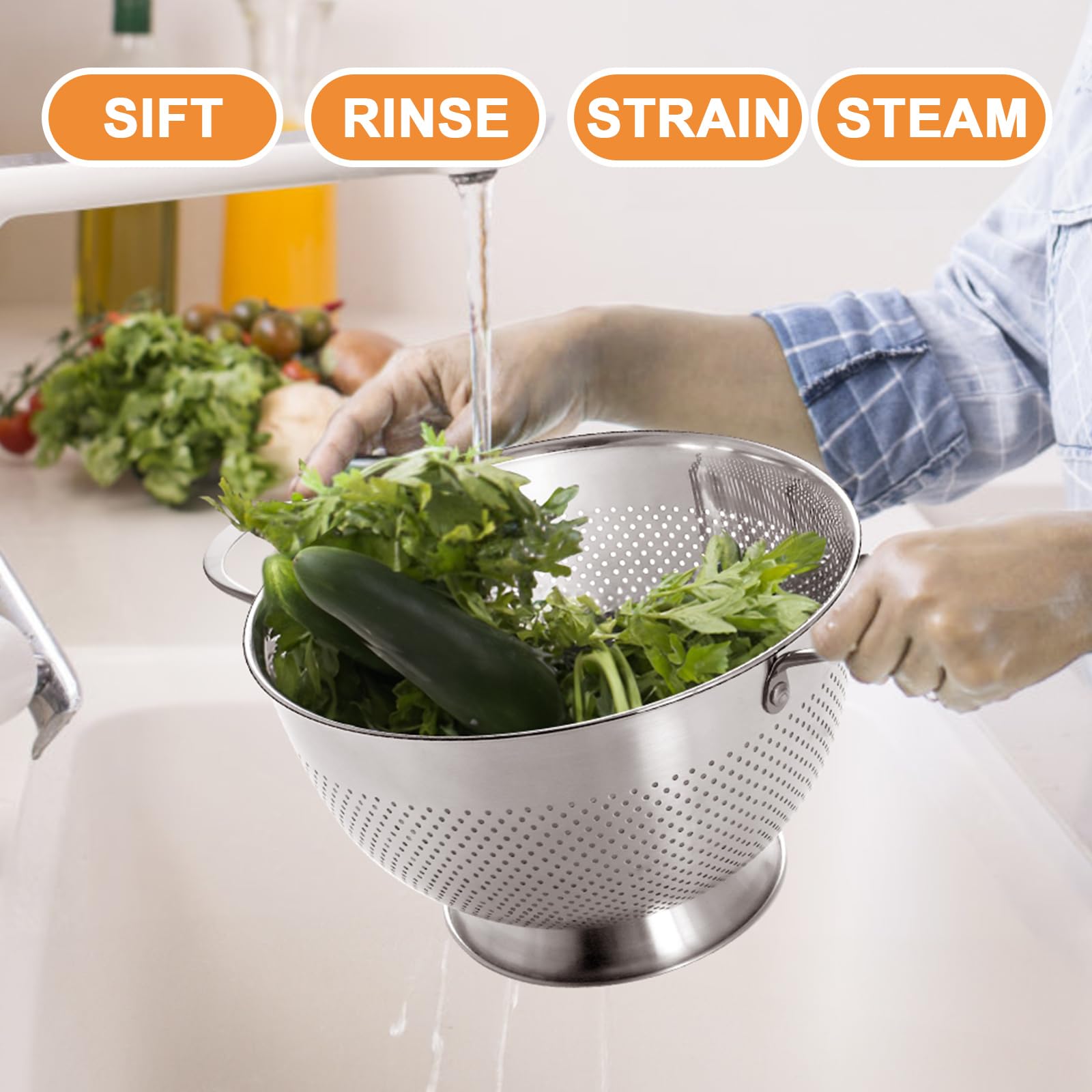 EWFEN colanders next to a kitchen scale illustrating three graduated sizes for versatile use