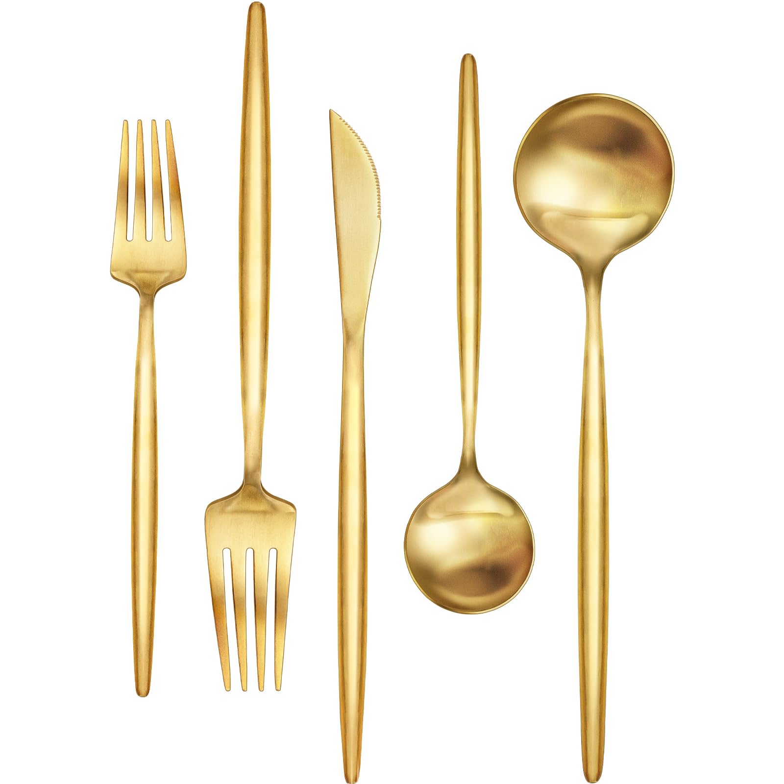 EWFEN front view of 30-piece gold flatware set, shows complete service and elegance