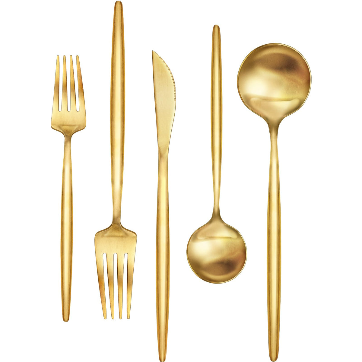 EWFEN front view of 30-piece gold flatware set, shows complete service and elegance