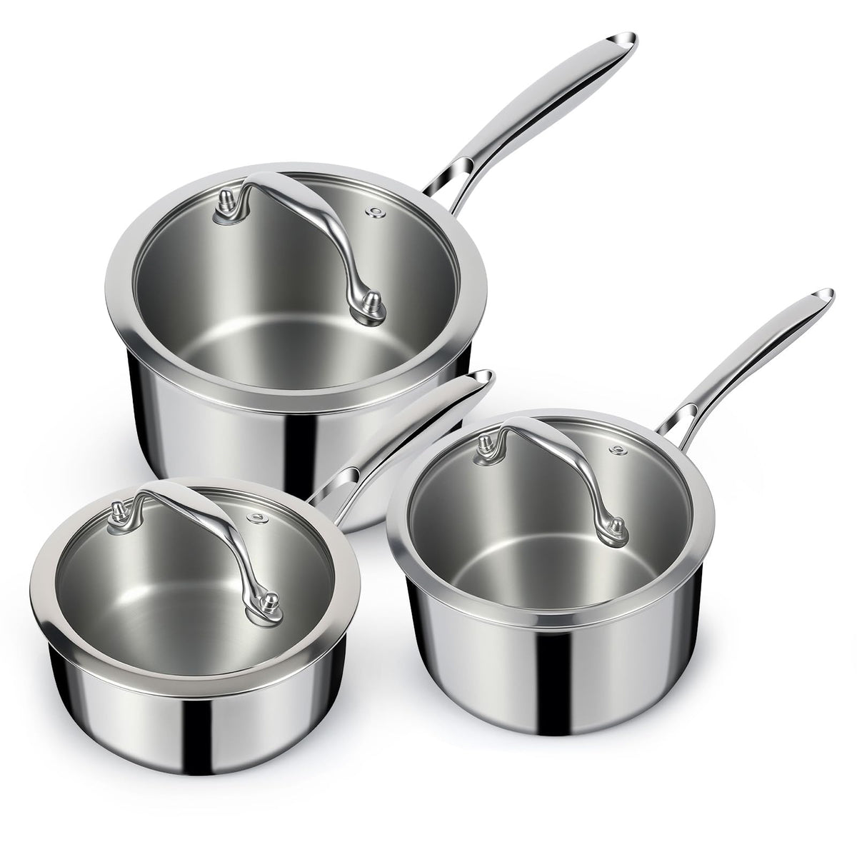 EWFEN front view of full saucepan set showing three lids and mirror finish benefit