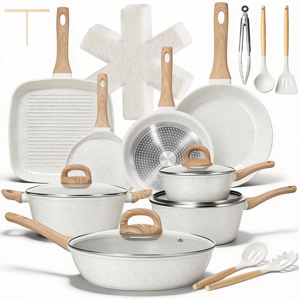 EWFEN full 25-piece cream cookware set displayed neatly showing included pans and lids