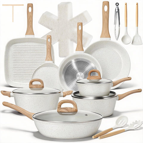 EWFEN full 25-piece cream cookware set displayed neatly showing included pans and lids