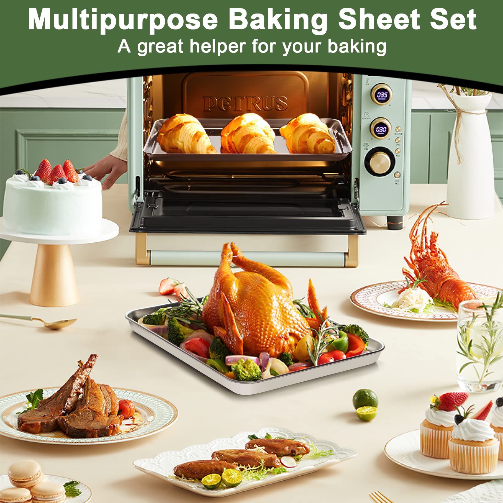 EWFEN bakeware styled in kitchen with cookies cooling, conveys convenience and everyday baking