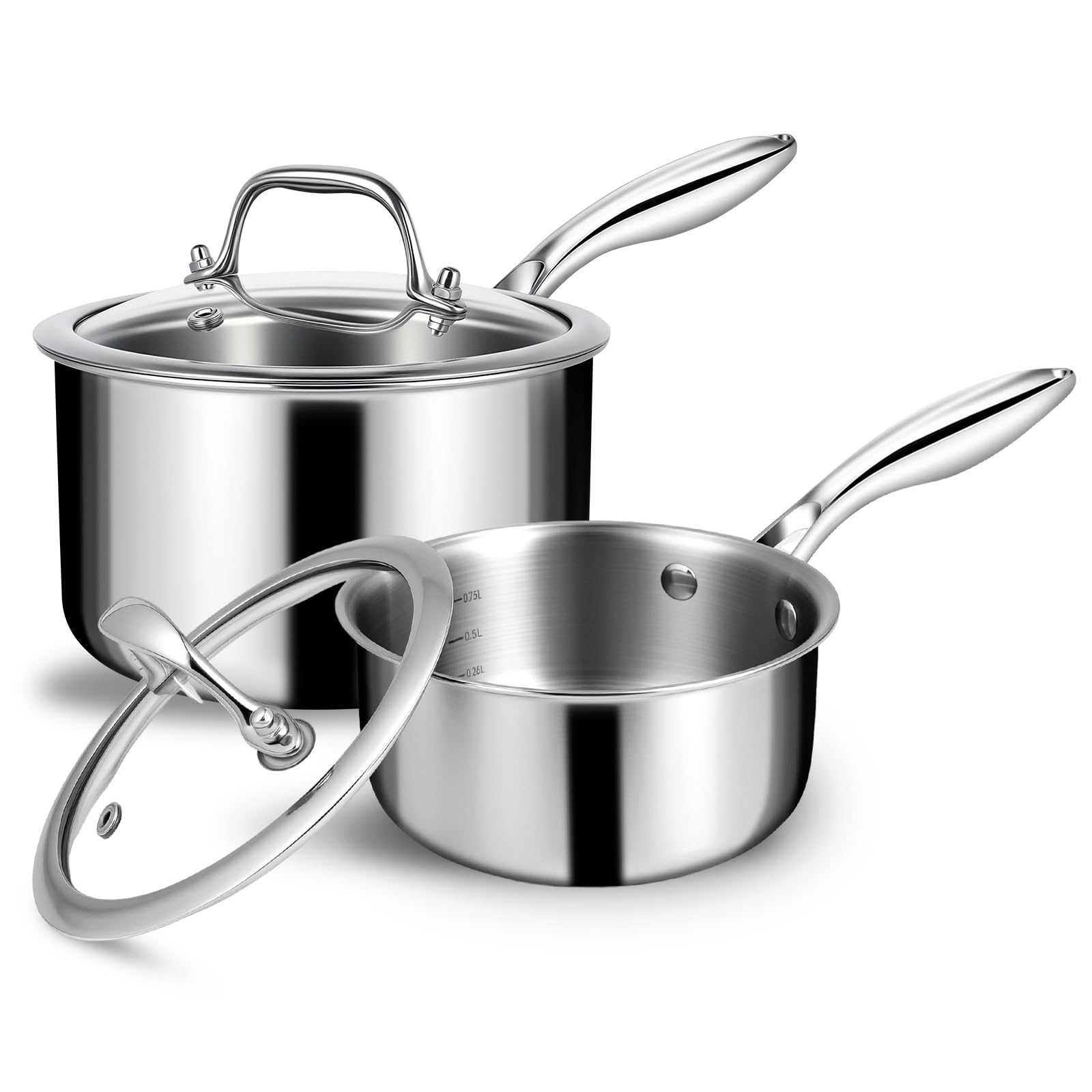 EWFEN saucepan set front view showing both pots and lids for compact storage