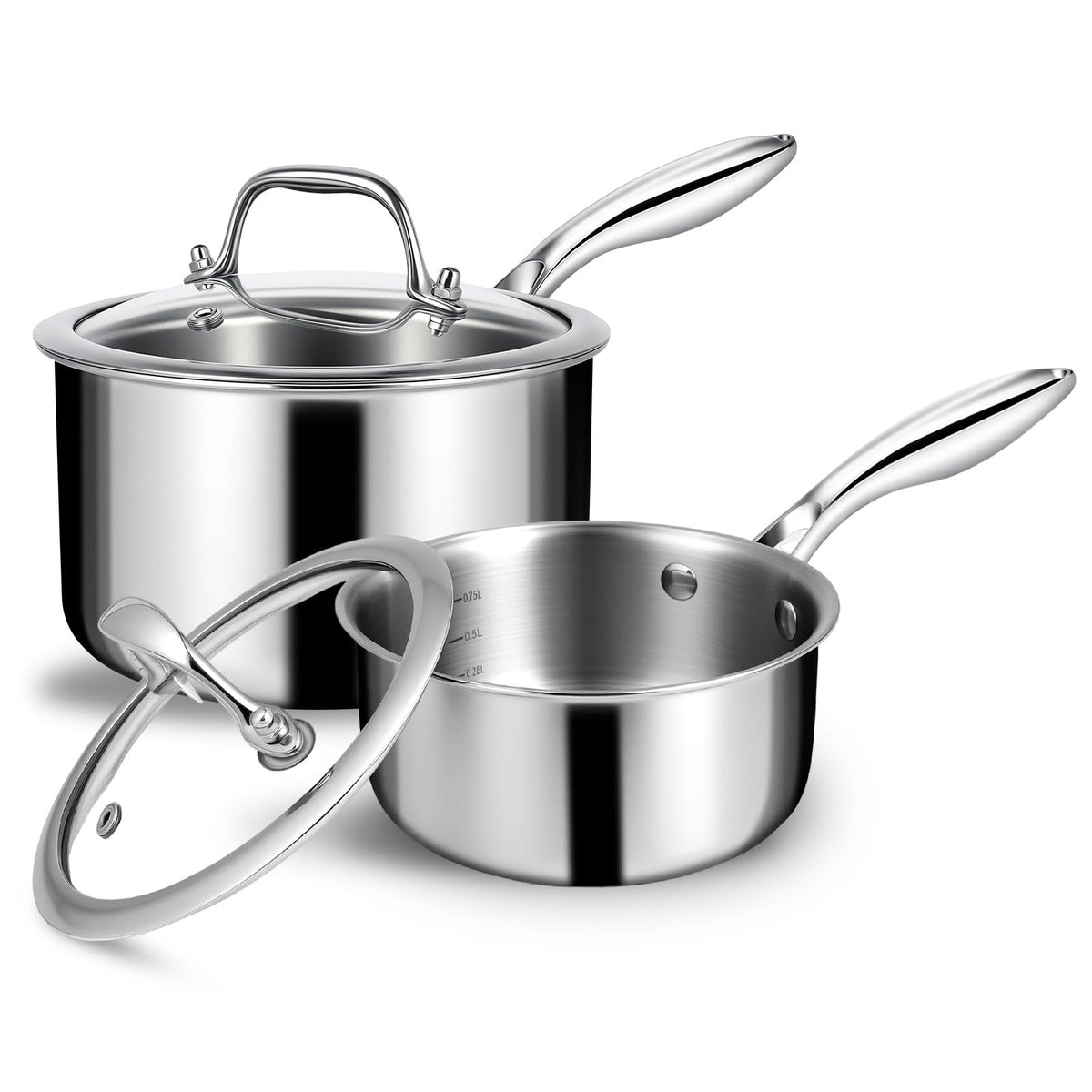 EWFEN saucepan set front view showing both pots and lids for compact storage
