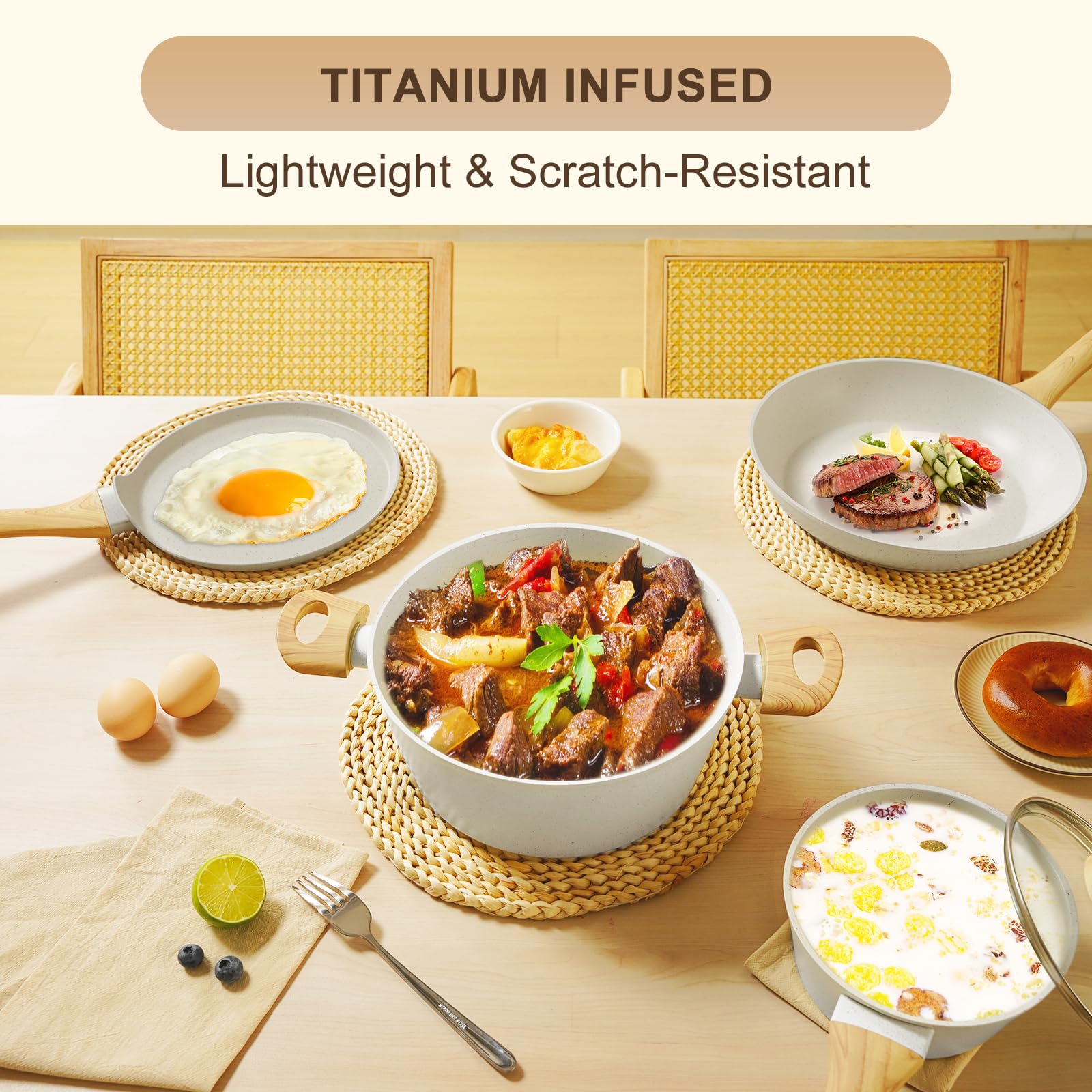 EWFEN pans beside measuring cups showing size and large-capacity utility benefit