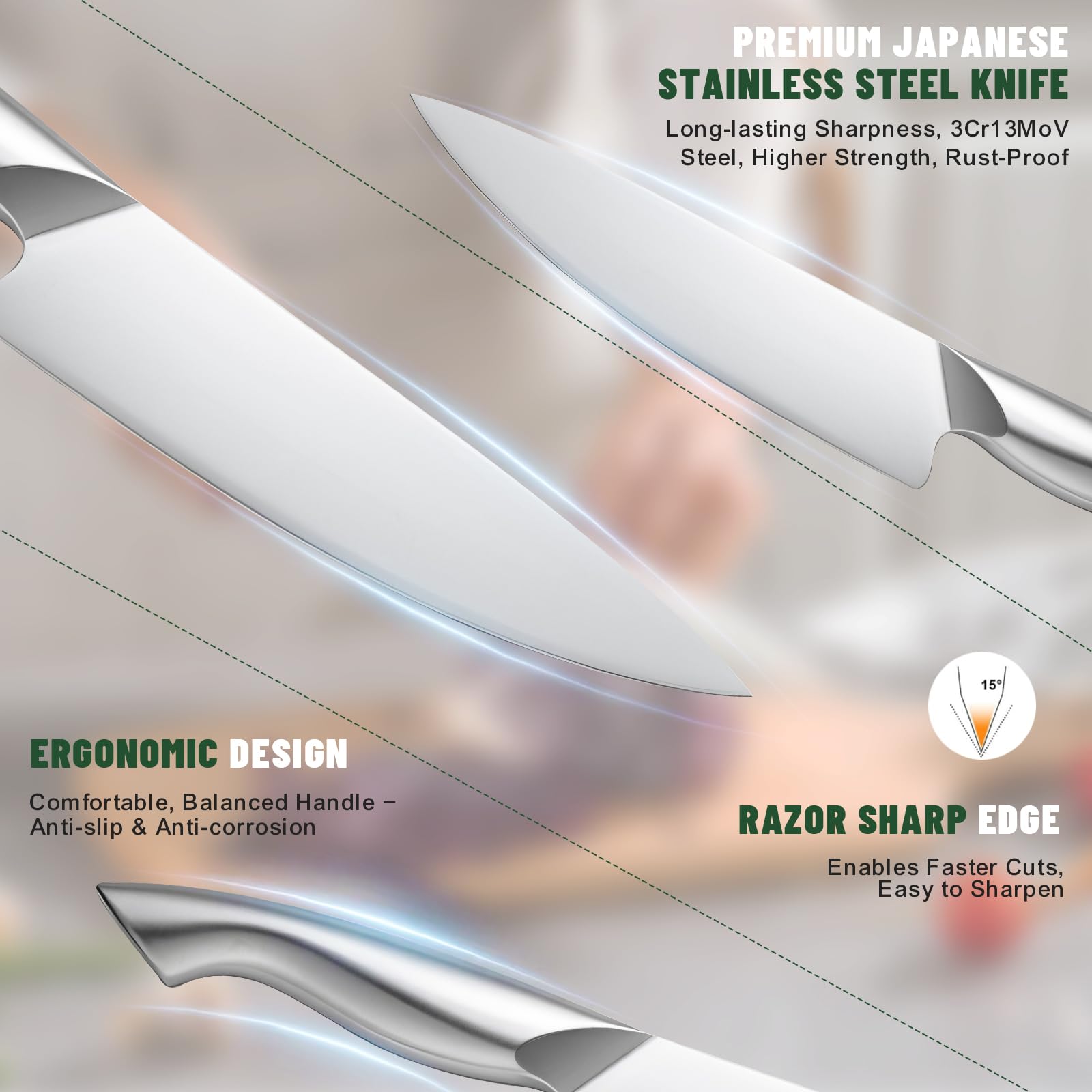 EWFEN steak knives and kitchen shears arranged for serving efficiency and versatility