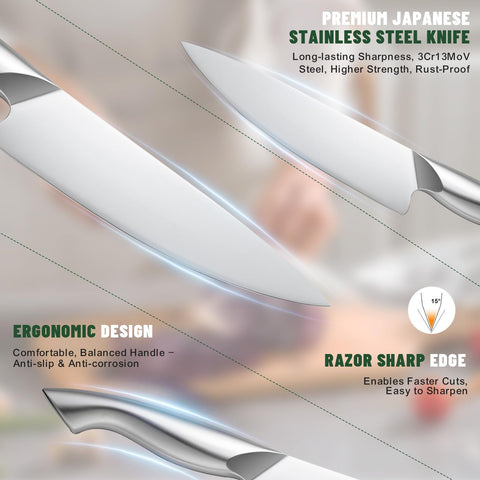 EWFEN steak knives and kitchen shears arranged for serving efficiency and versatility
