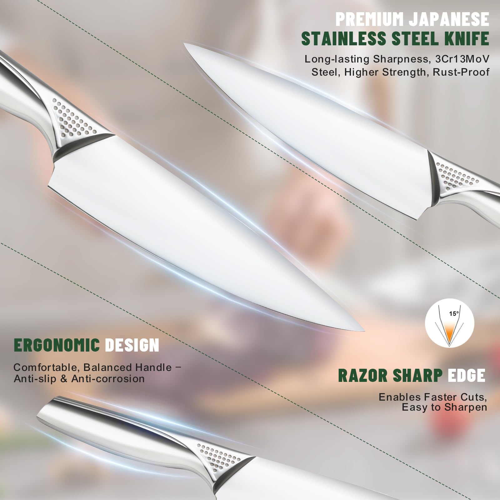 EWFEN steak knives cutting a cooked steak illustrating clean slices for serving