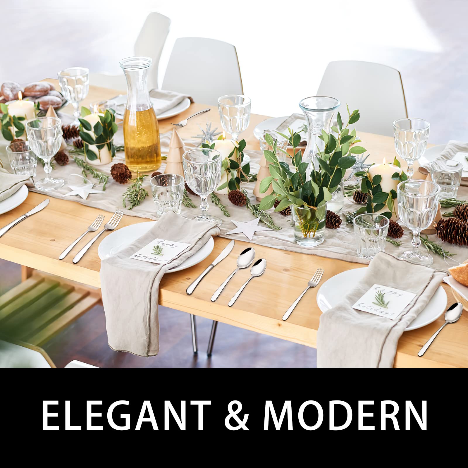 EWFEN silverware on dining table, mirror finish enhances formal dinner styling