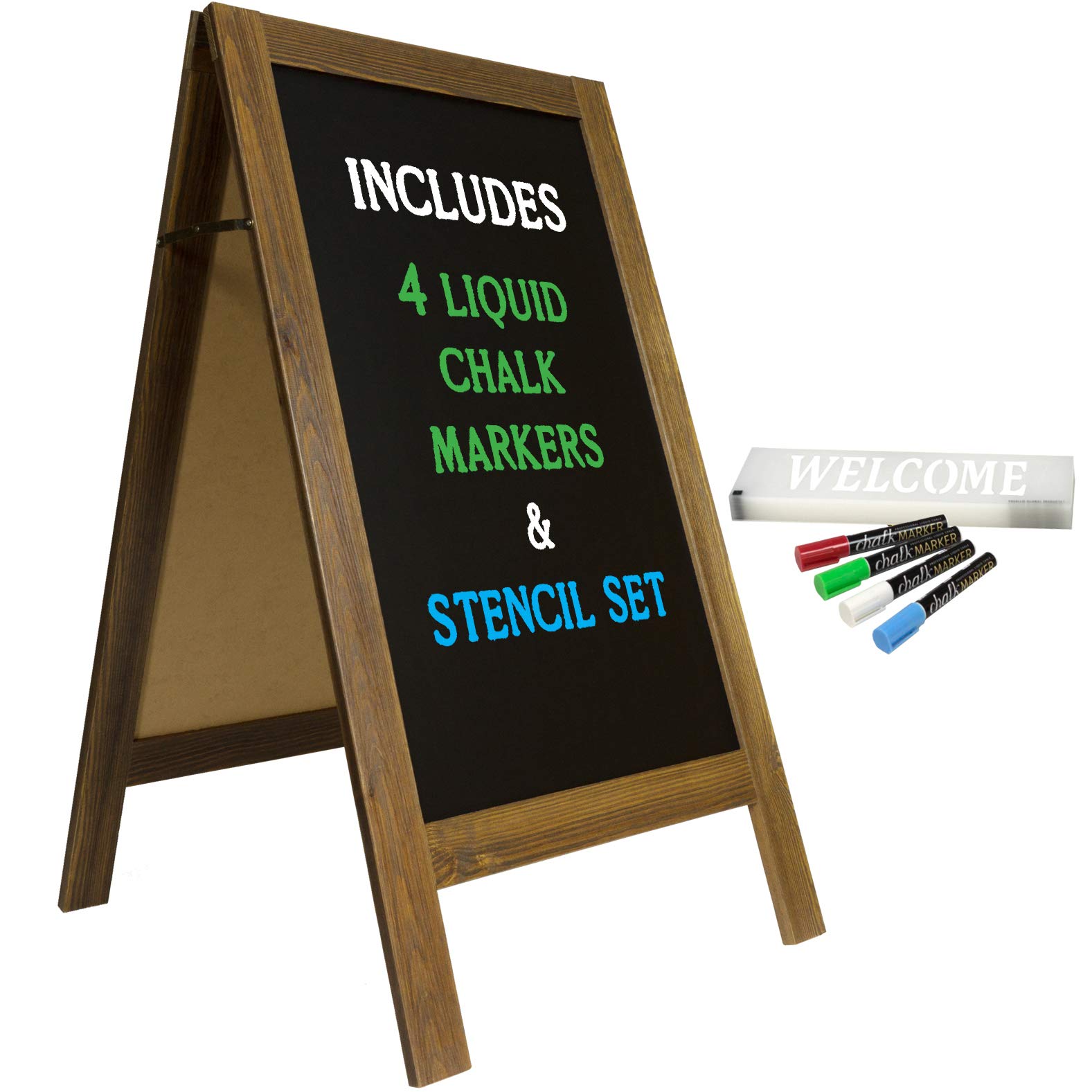 Excello Global front view of rustic A-frame showing double-sided display benefit