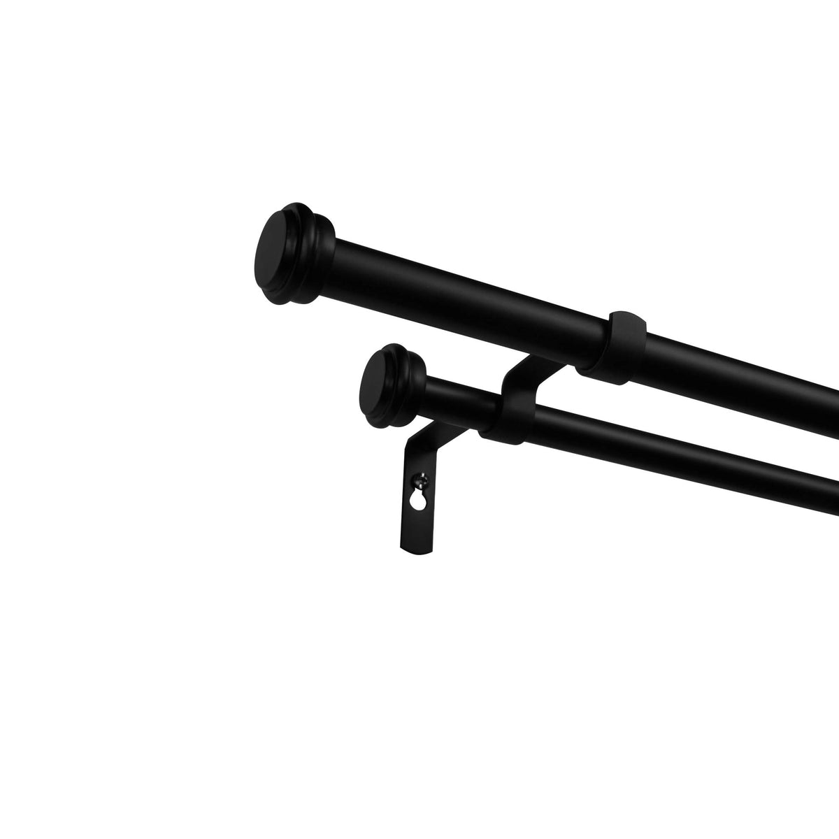 Exclusive Home front view of double rod set showing matte black finish and finials for stylish layering